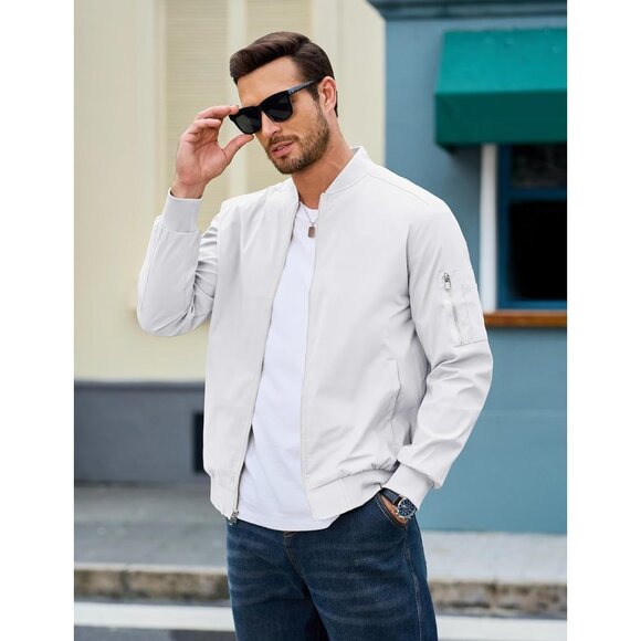 🆕 Men White Bomber Jacket Lightweight Casual Windbreaker Full Zip Spring Coat - Picture 4 of 6